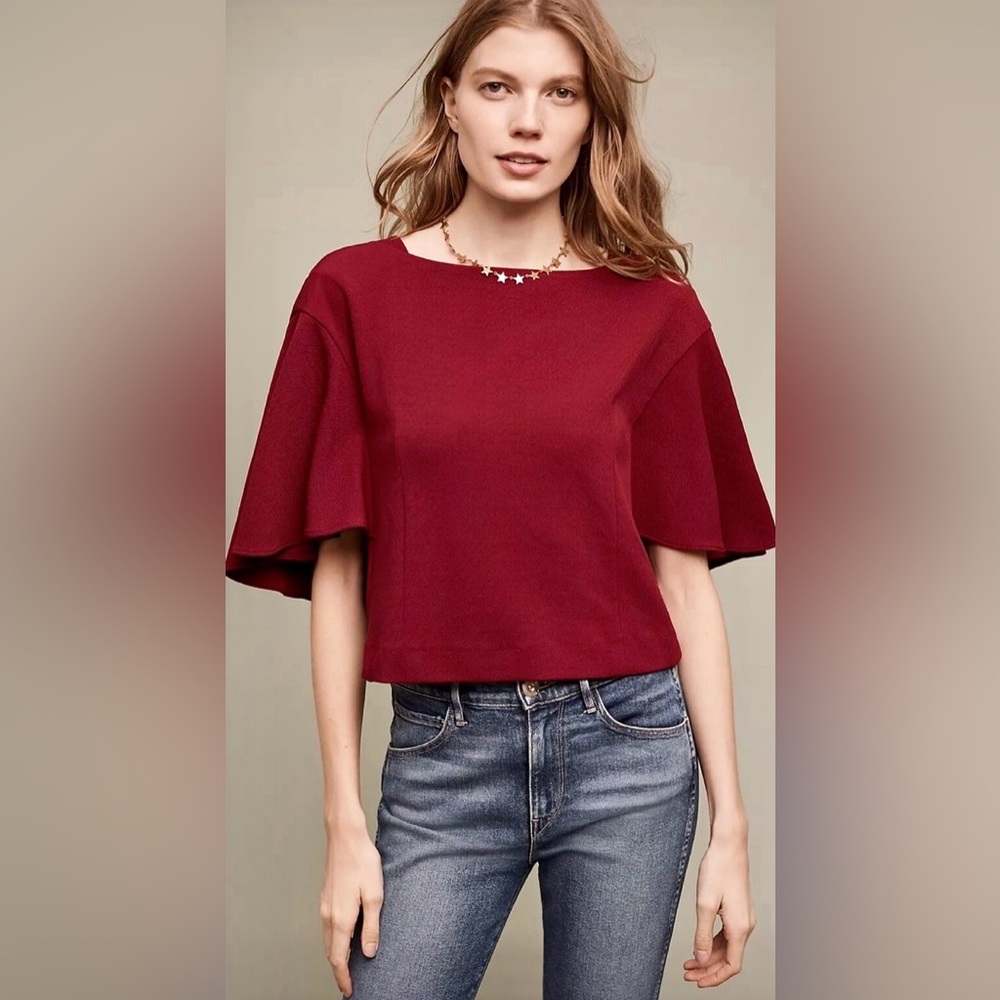 Anthropologie Eri + Ali Viv Burgundy Textured Flutter Sleeve Cropped Top